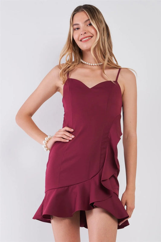 Burgundy Sleeveless Sweetheart Neck Ruffle Trim Wrap Mini Dress /3-2 - Tasha Apparel Wholesale