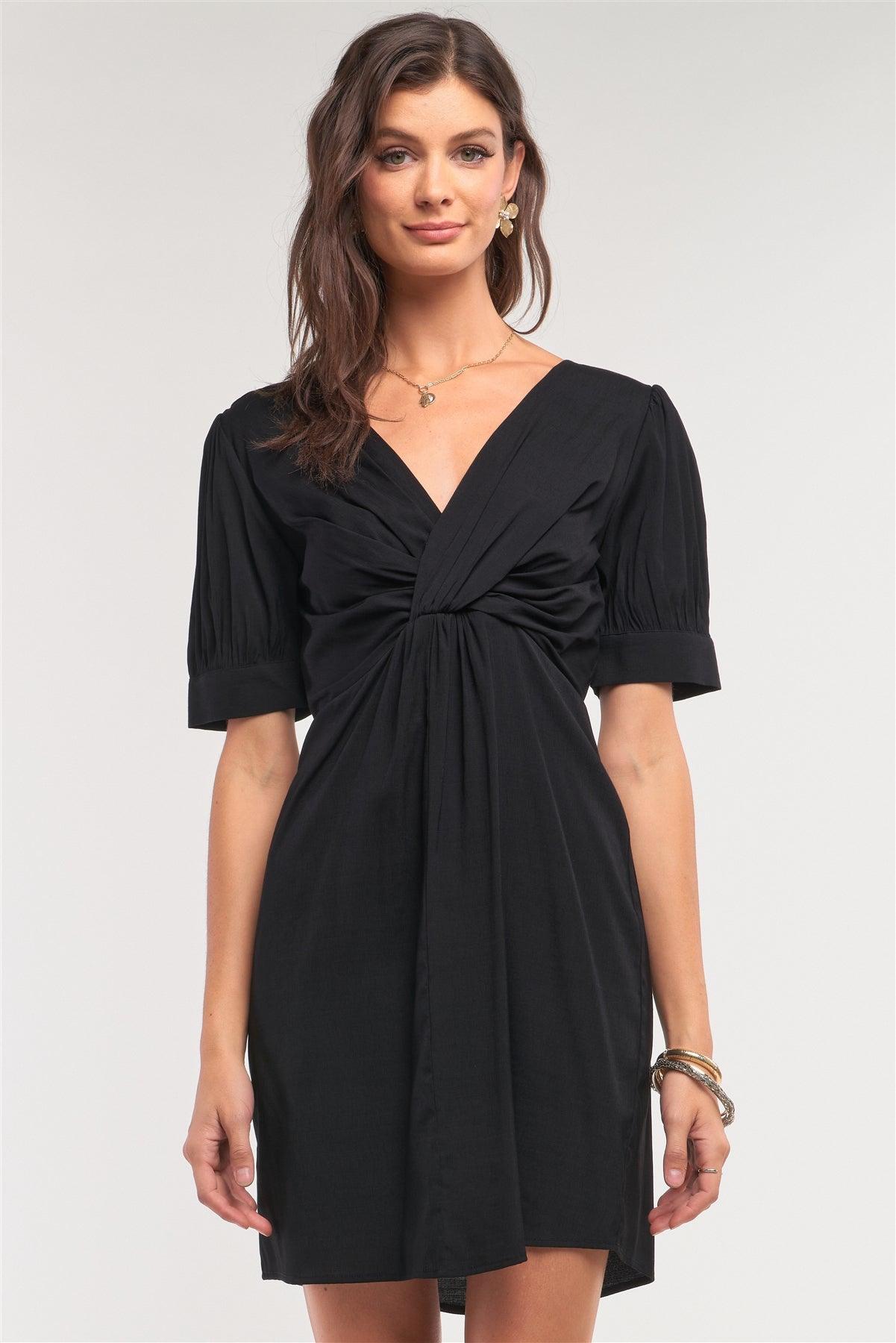 Black V-Neck Twist Front Detail Mini Dress /1-2-2
