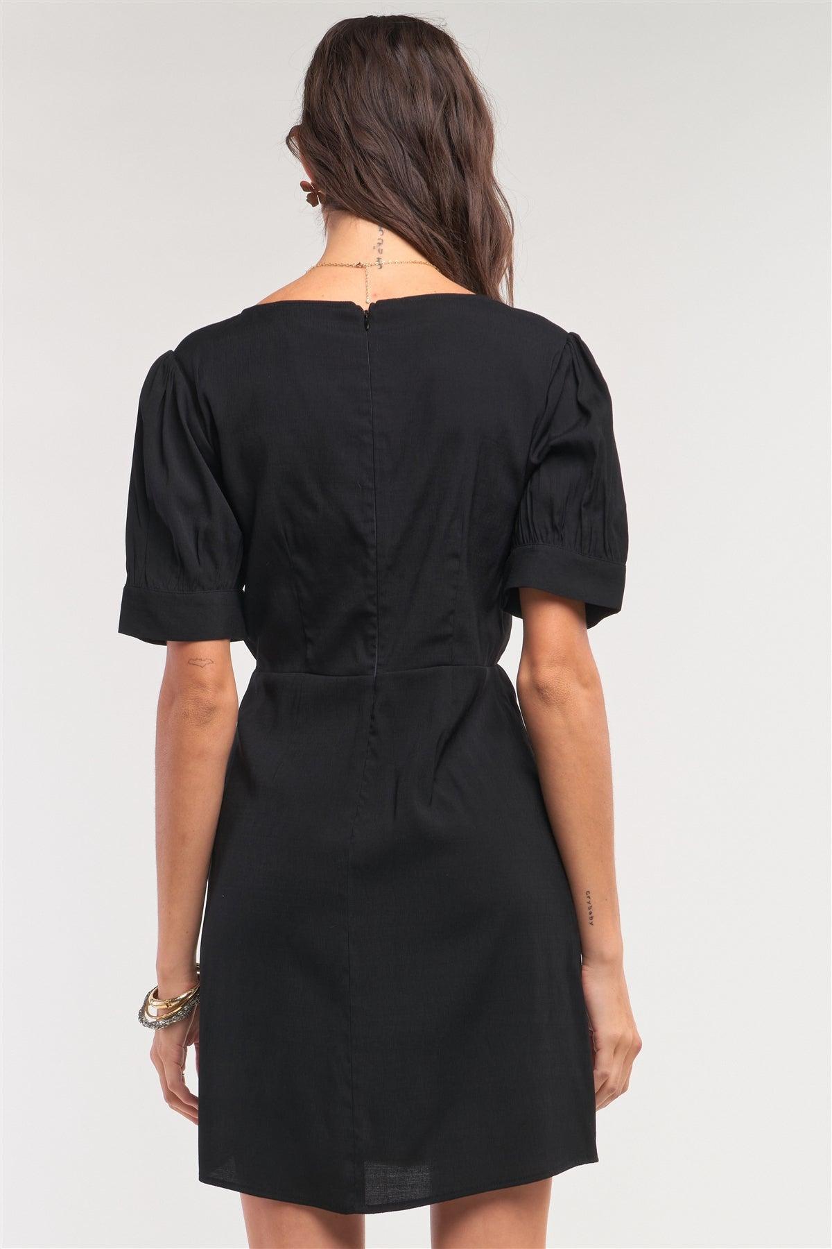 Black V-Neck Twist Front Detail Mini Dress /1-2-2