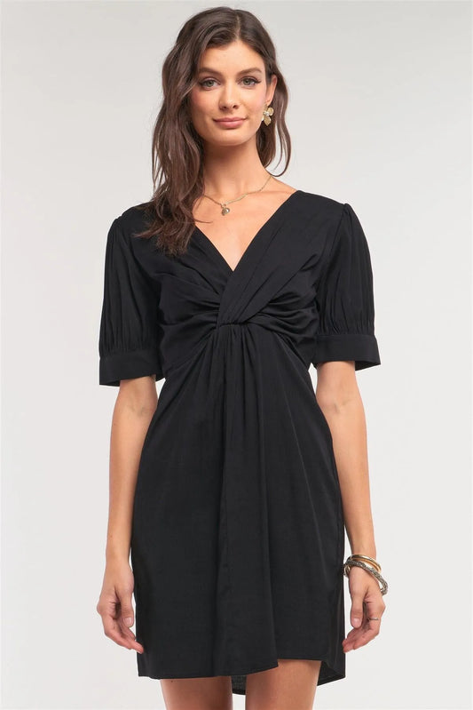 V-Neck Twist Front Detail Mini Dress /1-2-2-1 - Tasha Apparel Wholesale