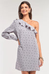 Blow Me A Kiss! Grey Lip Print One-Shoulder Ruffle Relaxed Fit Mini Dress /1-2-2-1 - Tasha Apparel Wholesale