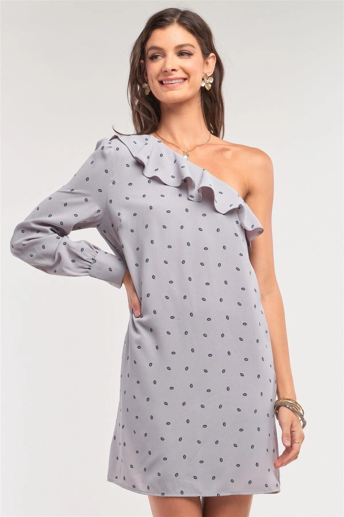 Blow Me A Kiss! Grey Lip Print One-Shoulder Ruffle Relaxed Fit Mini Dress /1-2-2-1 - Tasha Apparel Wholesale