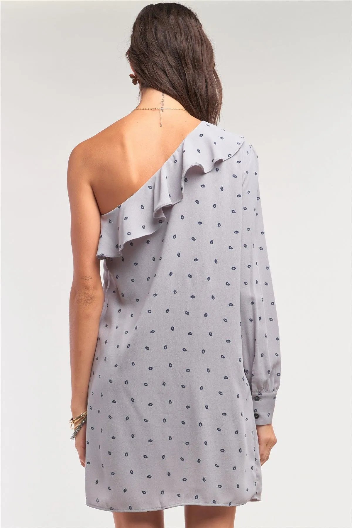 Blow Me A Kiss! Grey Lip Print One-Shoulder Ruffle Relaxed Fit Mini Dress /1-2-2-1 - Tasha Apparel Wholesale