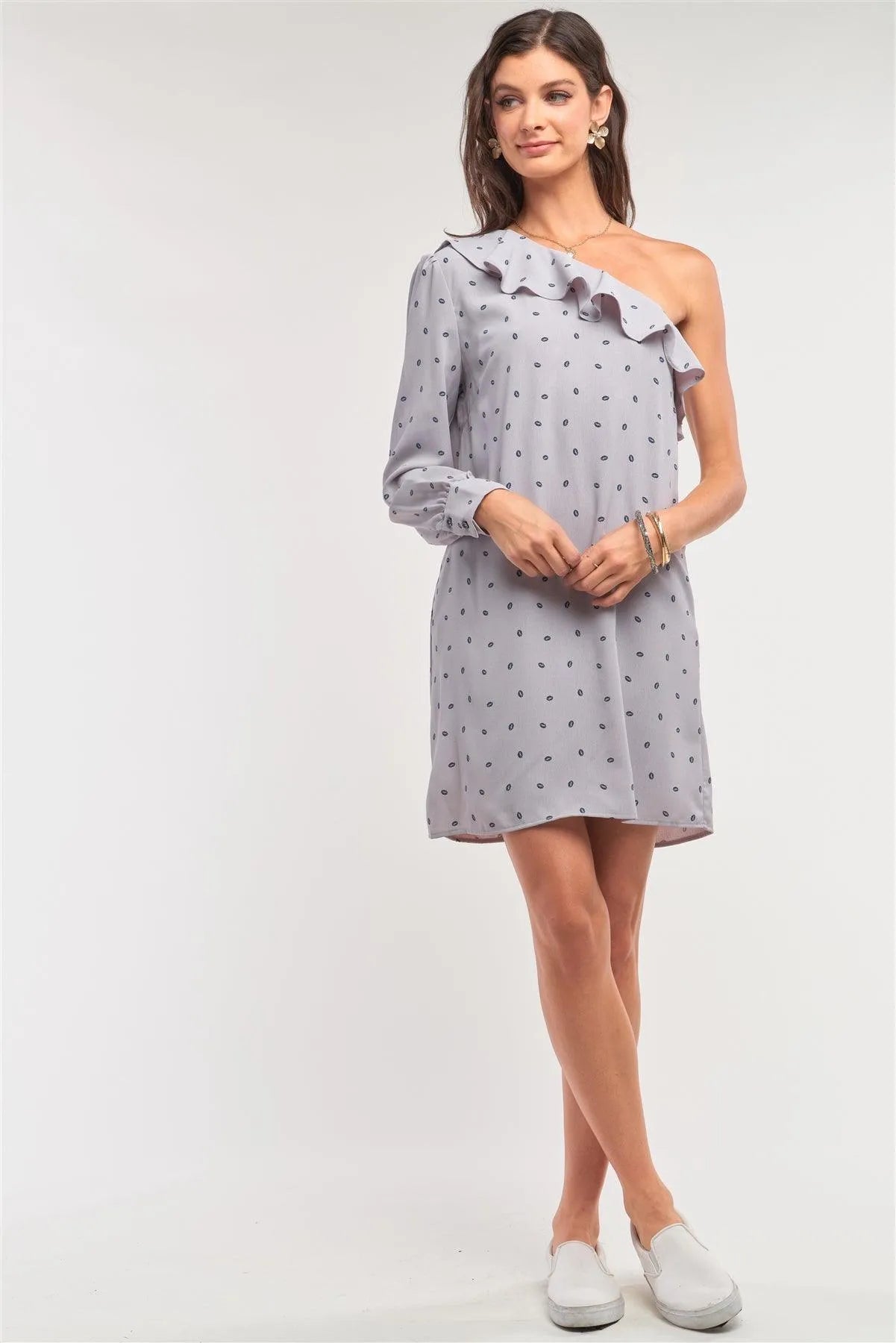 Blow Me A Kiss! Grey Lip Print One-Shoulder Ruffle Relaxed Fit Mini Dress /1-2-2-1 - Tasha Apparel Wholesale