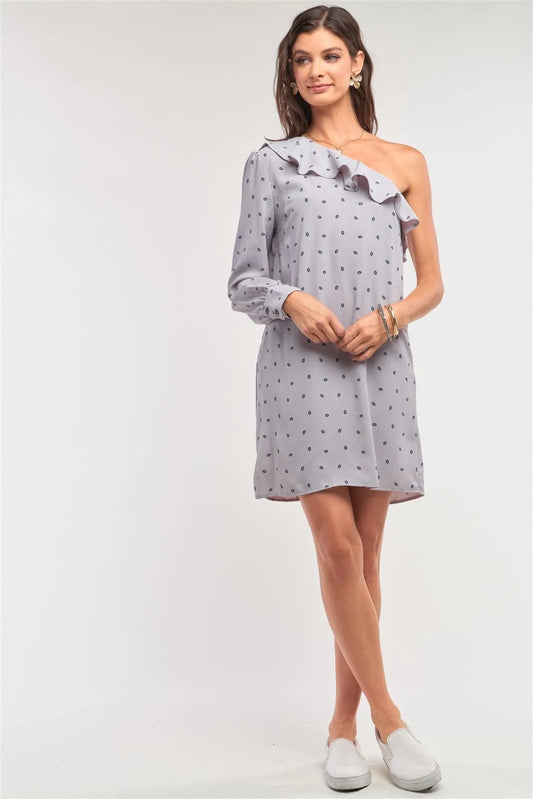 Blow Me A Kiss! Grey Lip Print One-Shoulder Ruffle Relaxed Fit Mini Dress /2-2-2 - Tasha Apparel Wholesale