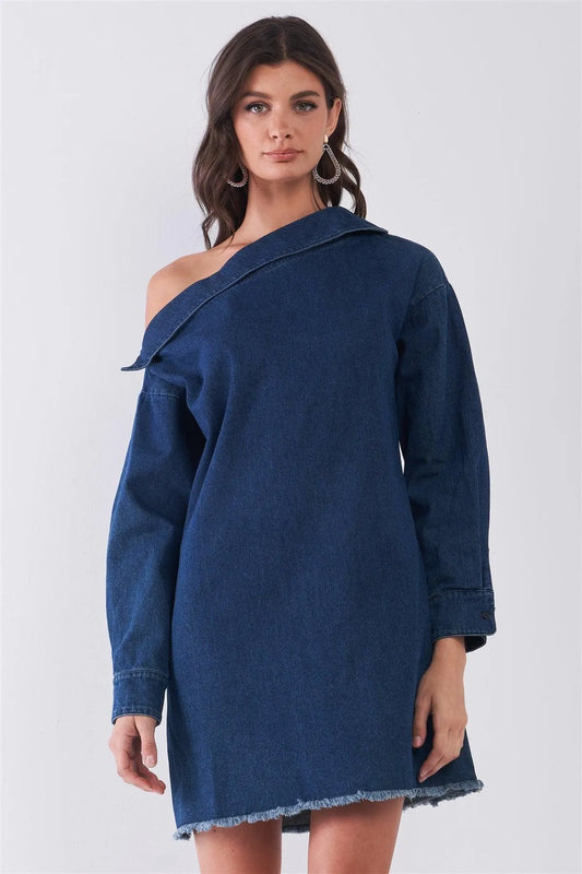 Medium Blue Denim Lapeled One-Shoulder Detail Long Sleeve Raw Hem Mini Dress - Tasha Apparel Wholesale