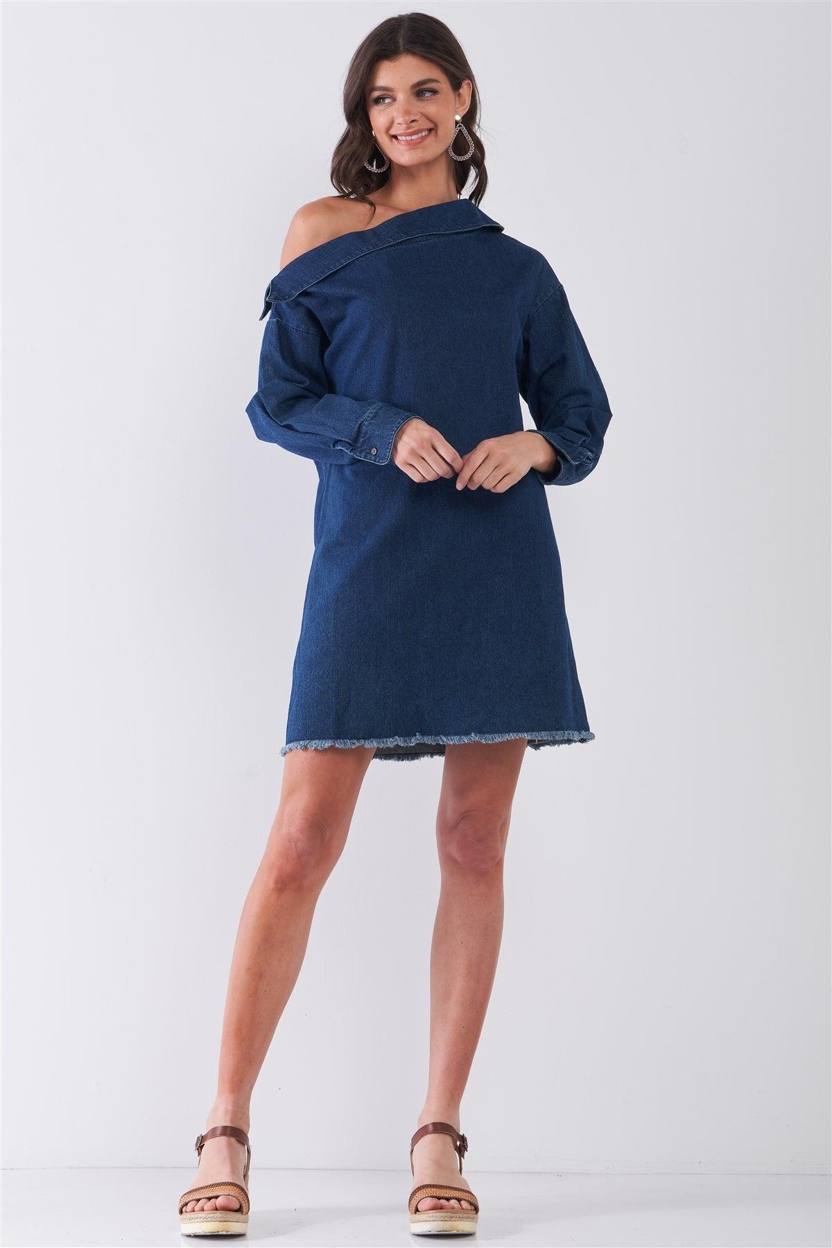 Medium Blue Denim Lapeled One-Shoulder Detail Long Sleeve Raw Hem Mini Dress