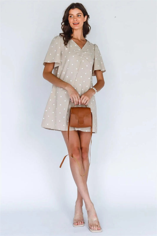 Beige & White Polka Dot Cotton Flare Short Sleeve Dress - Tasha Apparel Wholesale