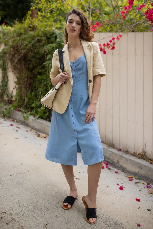 Sky Blue Front Button Up Strappy Midi Dress /1-2-2-1 - Tasha Apparel Wholesale