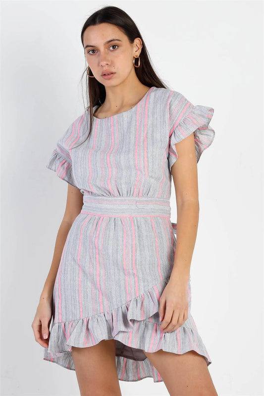 Striped Ruffle Sleeve Flare Hem Self Tie Mini Dress - Tasha Apparel Wholesale