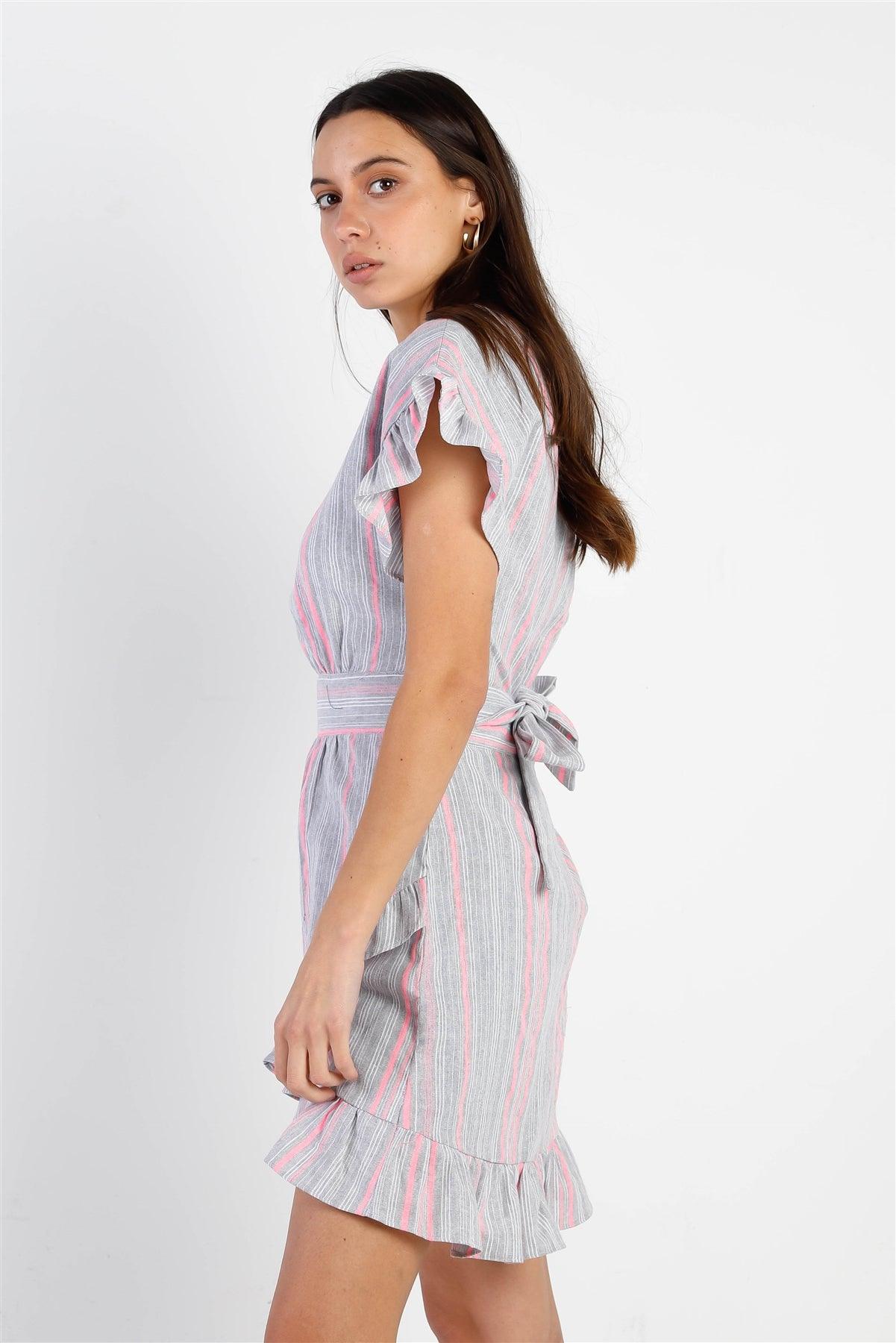 Grey Pink & White Stripped Ruffle Sleeve Asymmetrical Flare Hem Self Tie Mini Dress