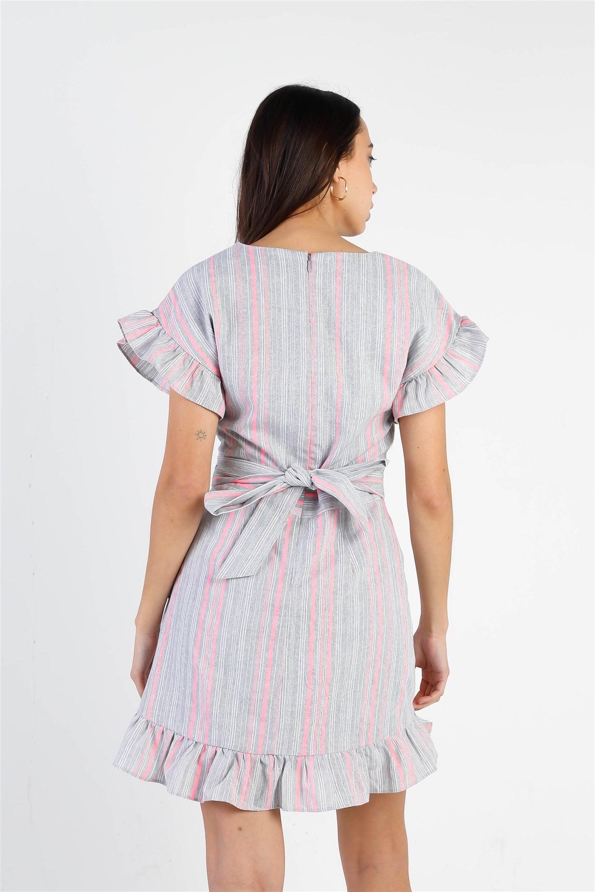 Grey Pink & White Stripped Ruffle Sleeve Asymmetrical Flare Hem Self Tie Mini Dress