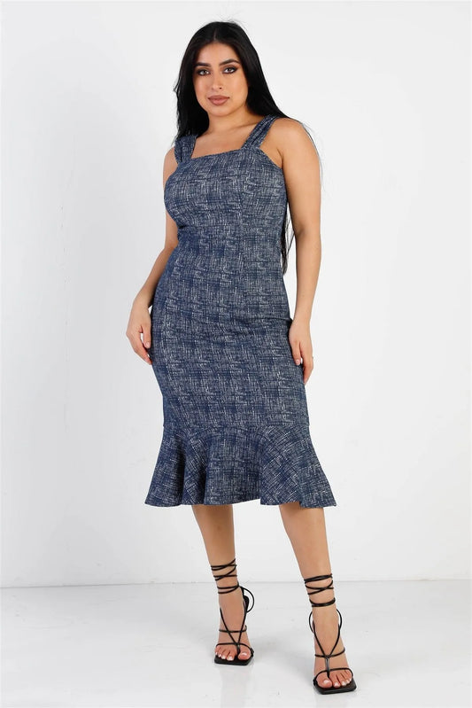 Navy Textured Print Flare Hem Sleeveless Bodycon Midi Dress /1-2-2-1 - Tasha Apparel Wholesale
