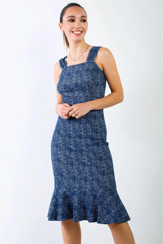 Navy Textured Print Flare Hem Sleeveless Bodycon Midi Dress /2-1-2-1 - Tasha Apparel Wholesale