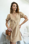 Wheat Linen Blend Self-Tie Detail Short Puff Sleeve Mini Dress /1-2-2-1