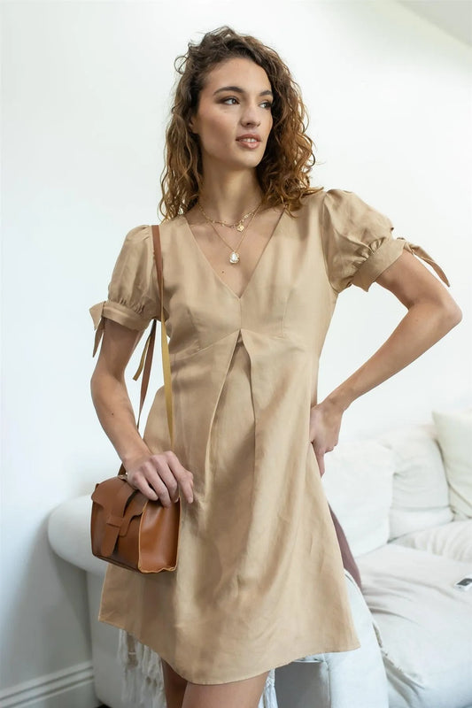 Wheat Linen Blend Self-Tie Detail Short Puff Sleeve Mini Dress /1-2-2-1 - Tasha Apparel Wholesale