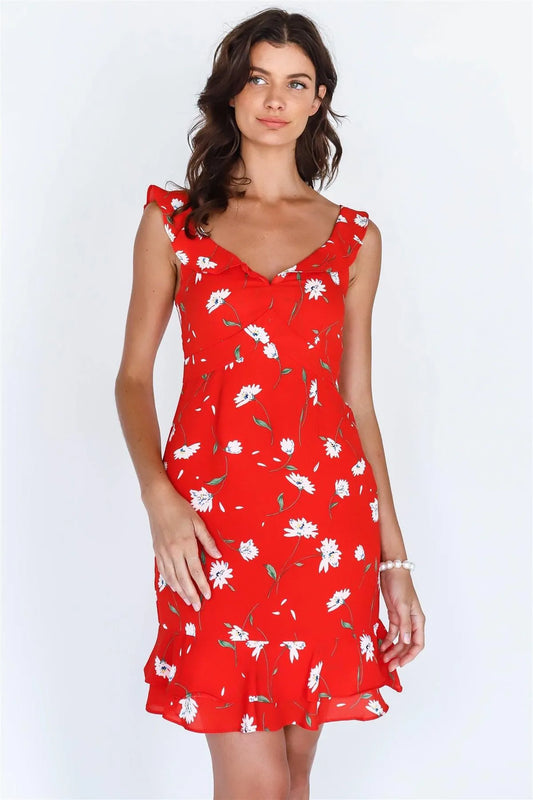 Tomato Red Floral Print Ruffle Trim Mini Dress - Tasha Apparel Wholesale