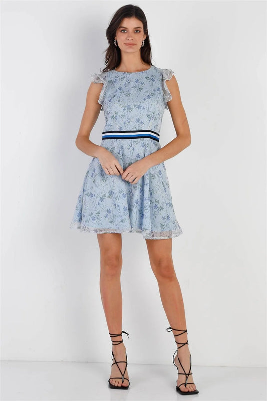 Sky Blue Mesh Floral Print Contrast Stripe Waistband Ruffle Sleeve Mini Dress /1-2-3 - Tasha Apparel Wholesale