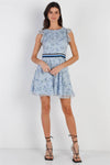 Sky Blue Mesh Floral Print Contrast Stripe Waistband Ruffle Sleeve Mini Dress /1-2-2-1