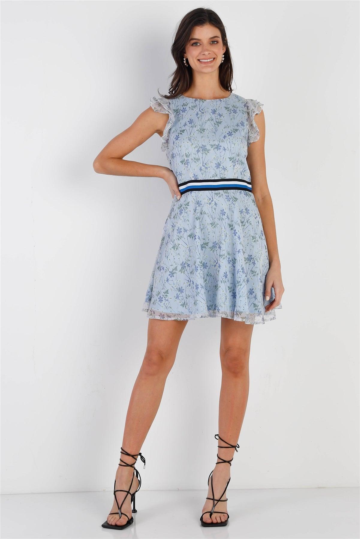 Sky Blue Mesh Floral Print Contrast Stripe Waistband Ruffle Sleeve Mini Dress /1-2-2-1