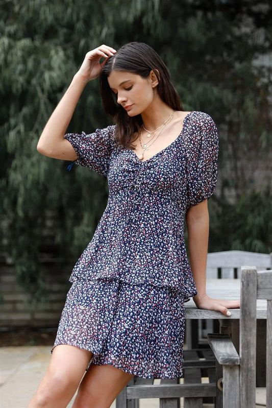 Navy Multi Color Floral Print Ruffled Ruched Front Detail Balloon Short Sleeve Mini Dress /1-2-2-1 - Tasha Apparel Wholesale