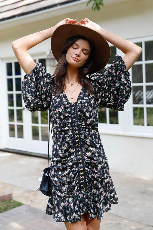 Black Floral Print Ruched Balloon Sleeve Mini Dress - Tasha Apparel Wholesale