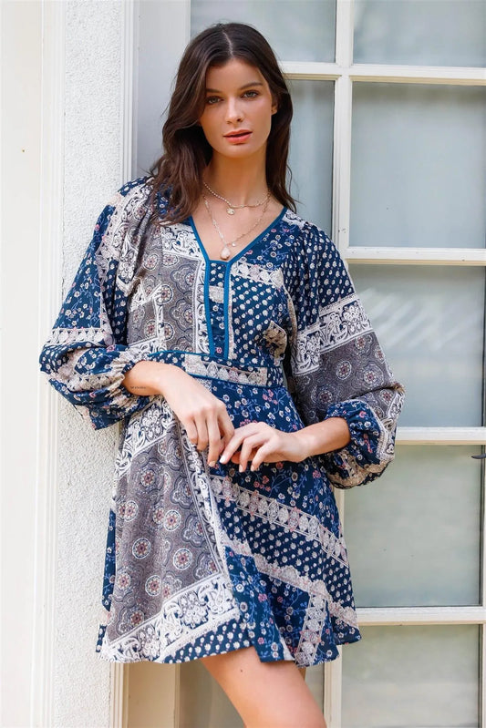 Teal Multi Color Floral & Paisley Print Balloon Long Sleeve Mini Dress /1-1-1-1 - Tasha Apparel Wholesale