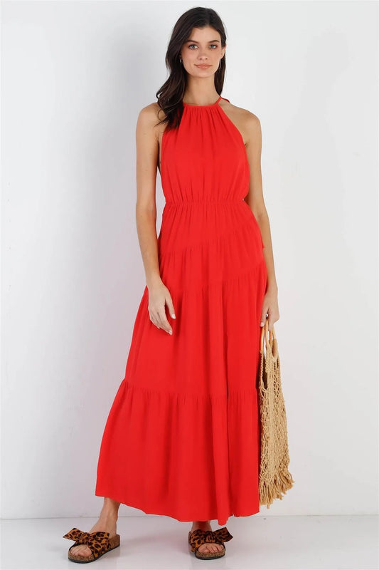 Red Linen Ruffle Criss Cross Back Side Slit Maxi Dress /1-2-2-1 - Tasha Apparel Wholesale