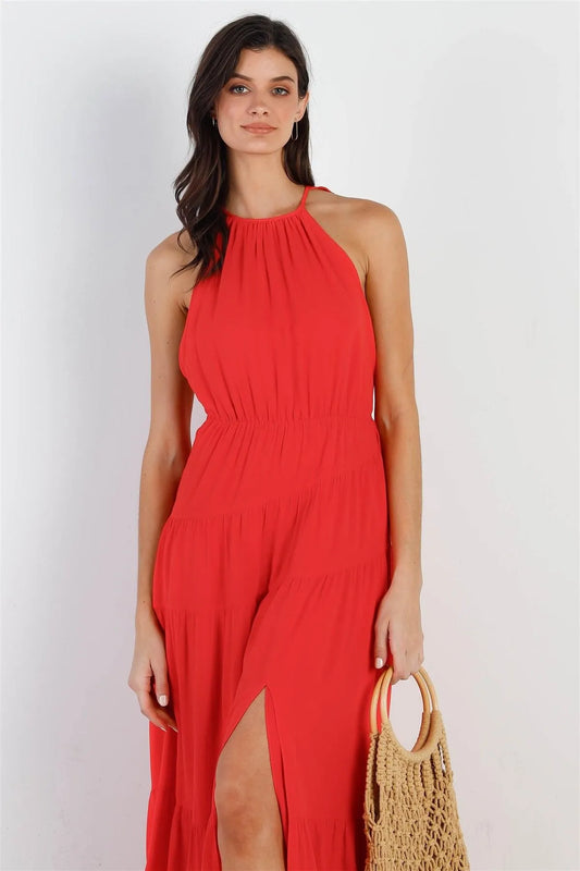 Red Linen Ruffle Criss Cross Back Side Slit Maxi Dress /2-2-2 - Tasha Apparel Wholesale