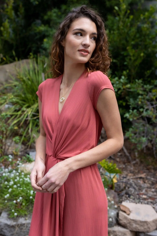 Terracotta Ribbed Front Twist Wrap Detail V-Neck Midi Dress /1-3-1-1 - Tasha Apparel Wholesale