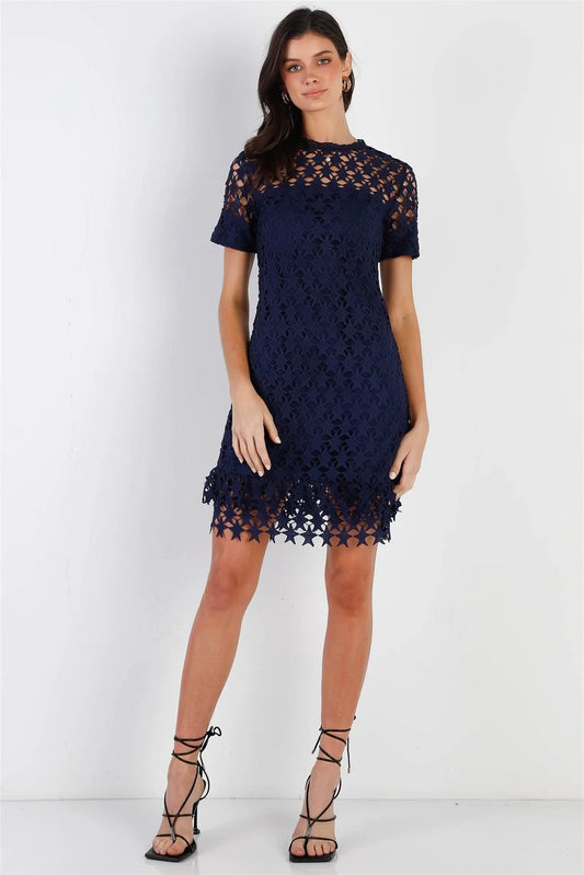 Navy Embroidered Mock Neck Mini Dress /1-3-1 - Tasha Apparel Wholesale