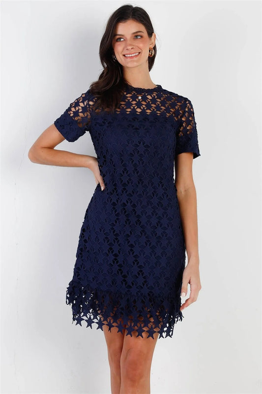 Navy Embroidered Mock Neck Mini Dress /1-2-2-1 - Tasha Apparel Wholesale