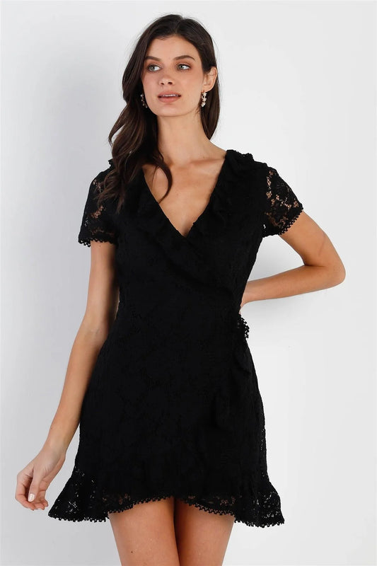 Black Floral Lace Ruffle Trim Front Wrap V-Neck Mini Dress /1-2-2 - Tasha Apparel Wholesale