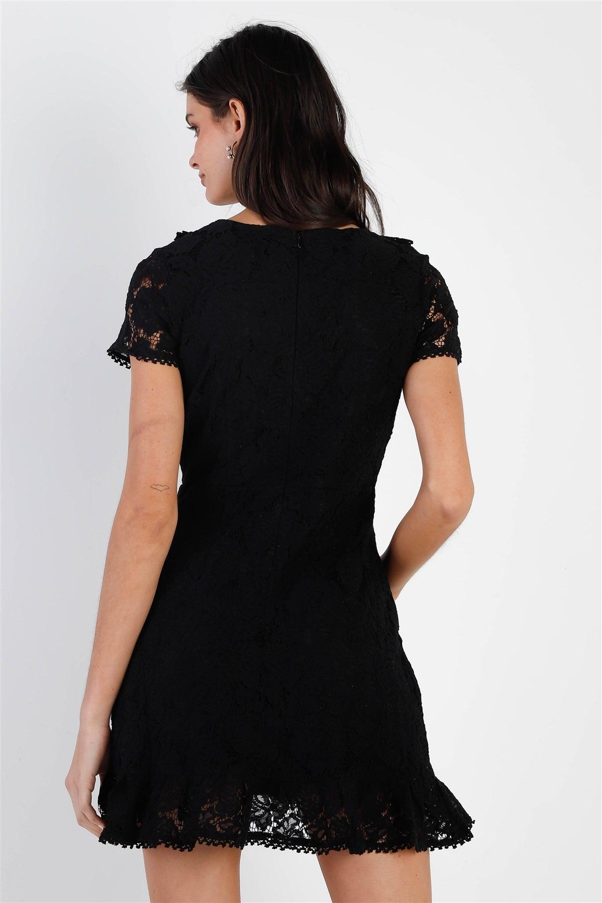Black Floral Lace Ruffle Trim Front Wrap V-Neck Mini Dress /1-2-2