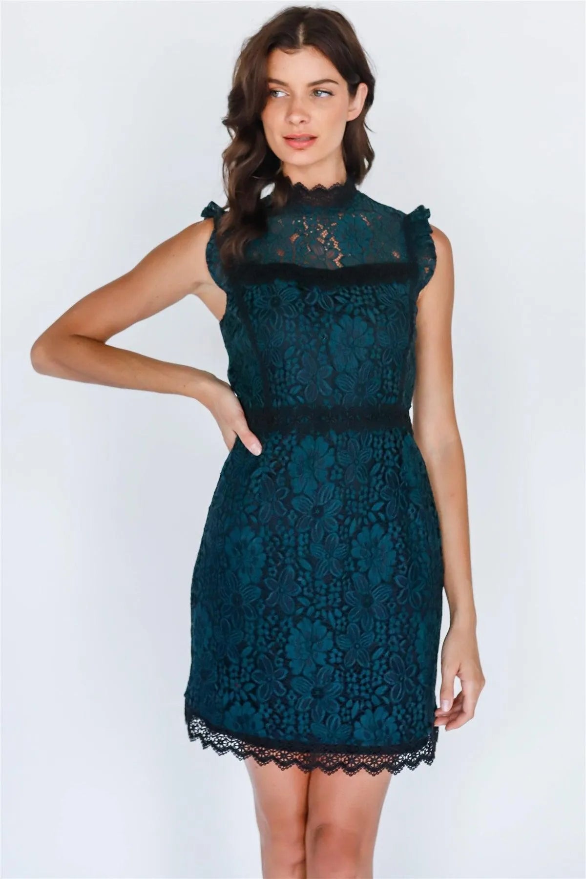 Teal Floral Lace Mock Neck Ruffle Trim Mini Dress - Tasha Apparel Wholesale