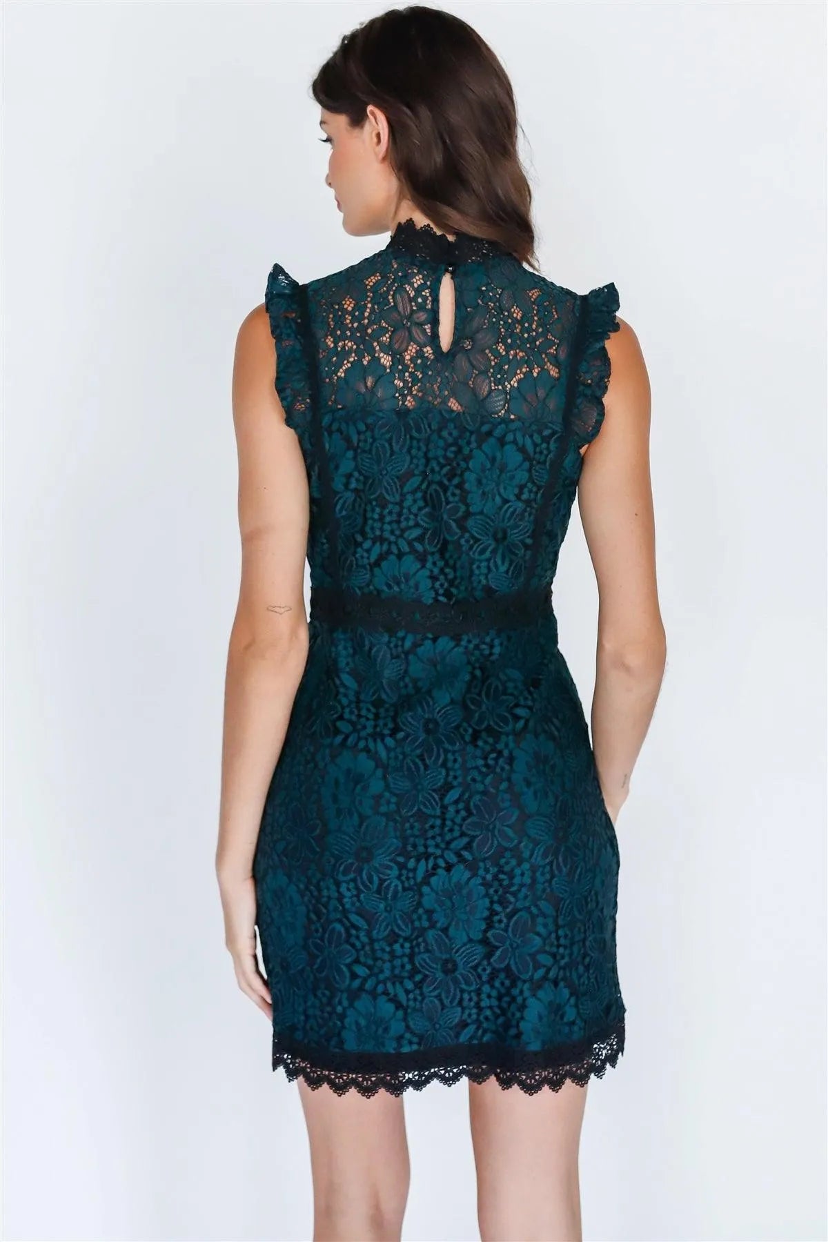 Teal Floral Lace Mock Neck Ruffle Trim Mini Dress Teal Floral Lace Mock Neck Ruffle Trim Mini Dress