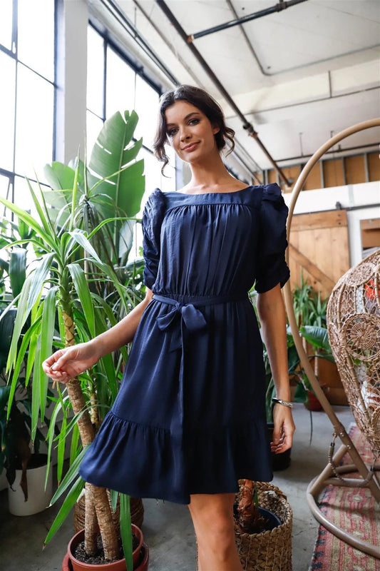 Navy Satin Effect Ruffle Hem Self-Tie Gathered Puff Sleeve Mini Dress /1-2-1-2 - Tasha Apparel Wholesale