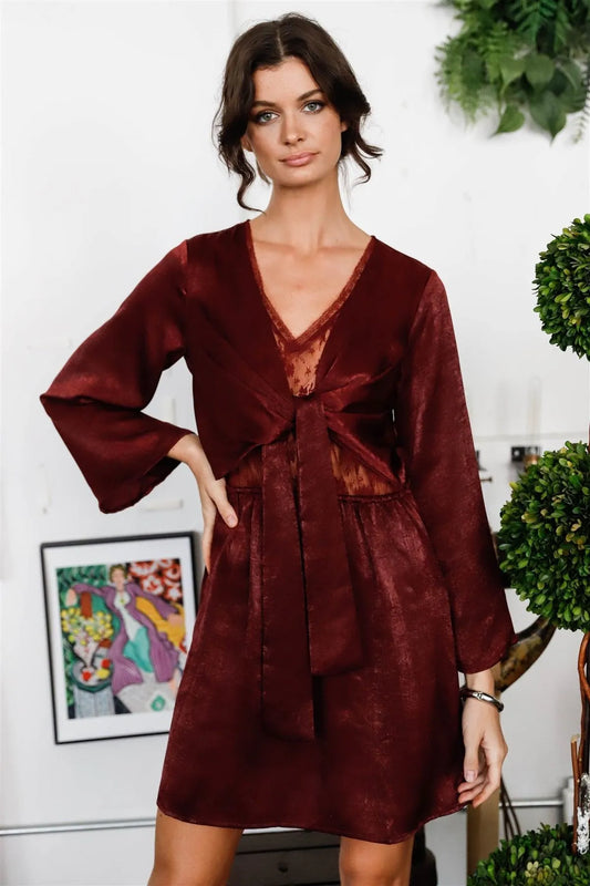 Wine Satin Effect Lace Bodice Detail Self-Tie Front Kimono Sleeve Mini Dress /1-2-2-1 - Tasha Apparel Wholesale