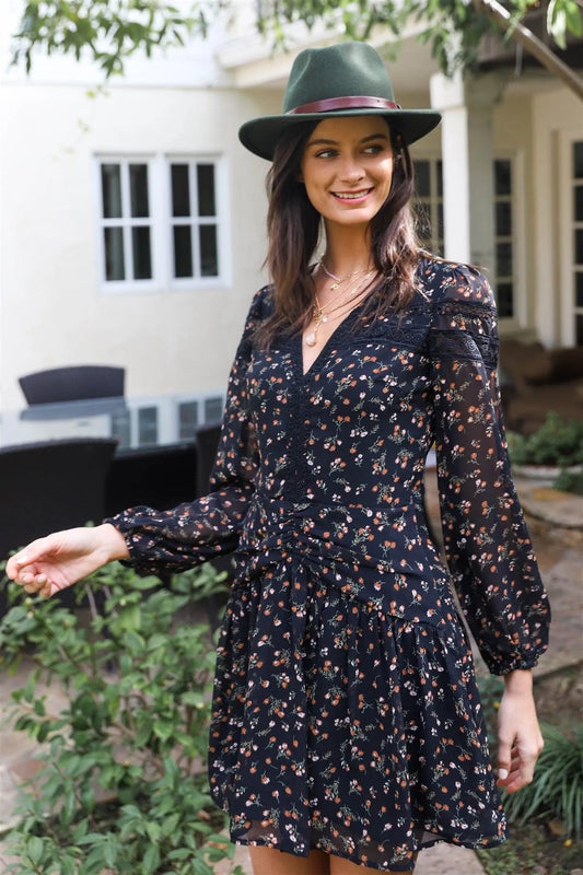 Black Floral Print Lace Trim Ruched Waist Details Mini Dress /2-2 - Tasha Apparel Wholesale