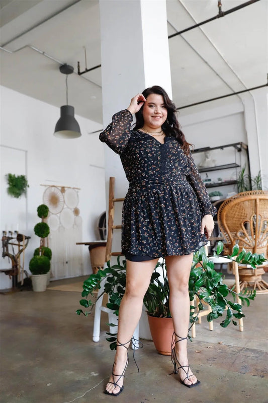 Junior Plus Black Floral Print Lace Trim Ruched Waist Details Mini Dress /3-3 - Tasha Apparel Wholesale