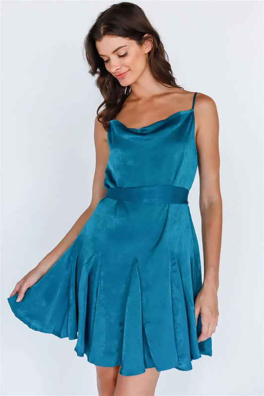 Teal Satin Effect Self-Tie Belt Flare Cowl Neck Mini Dress /1-2-2-1 - Tasha Apparel Wholesale