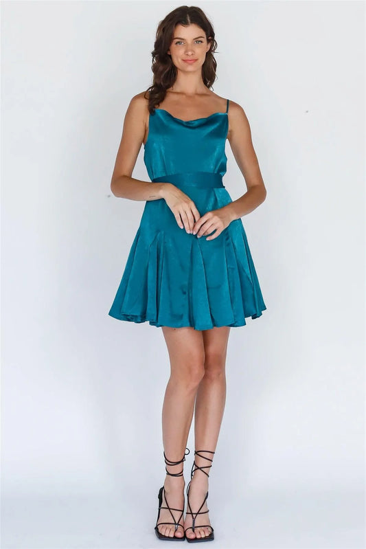 Teal Satin Effect Self-Tie Belt Flare Cowl Neck Mini Dress - Tasha Apparel Wholesale