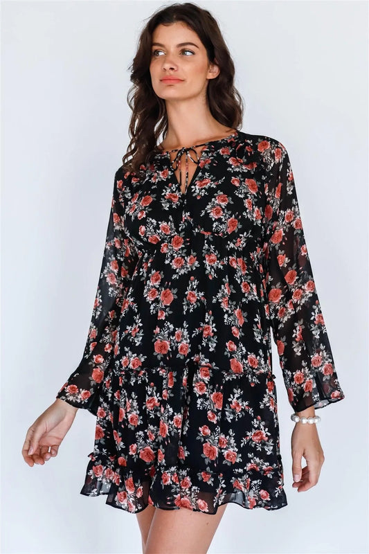 Black Multi Floral Print Long Sleeve Mini Dress /1-3-2 - Tasha Apparel Wholesale