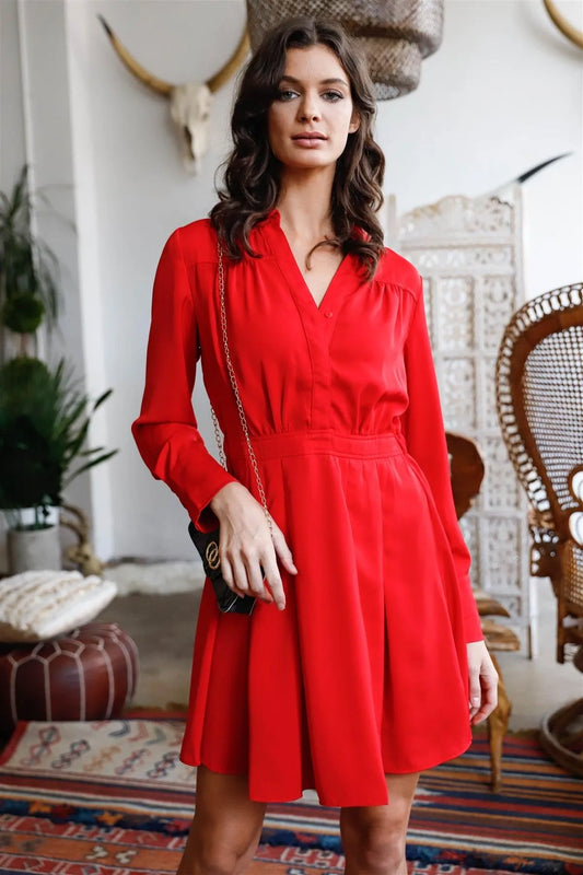 Red Collared Long Sleeve Pleated Mini Shirt Dress /1-2-2 - Tasha Apparel Wholesale