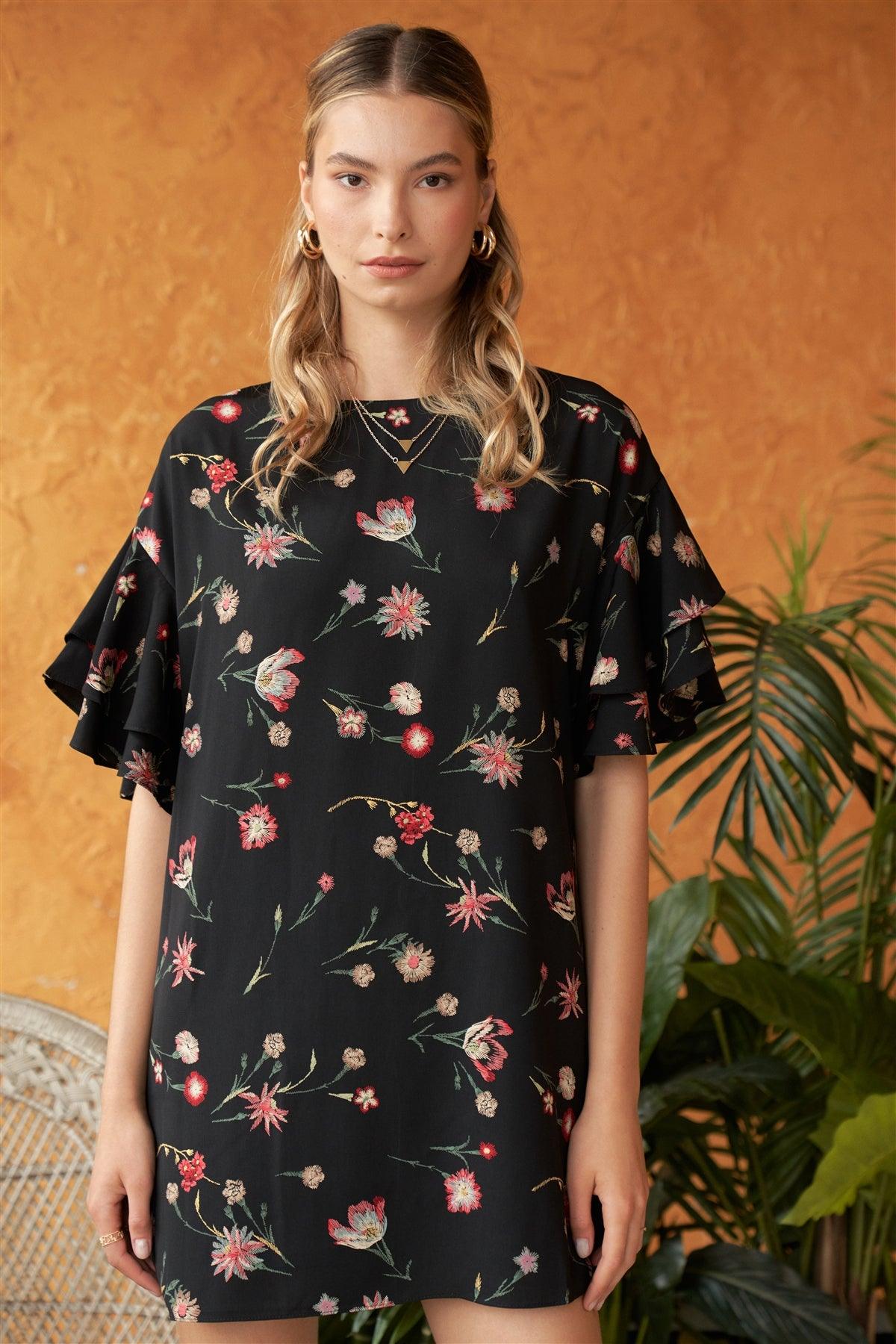 Black Multicolor Floral Print Flounce Sleeve Round Neck Straight Mini Dress /1-2-2-1