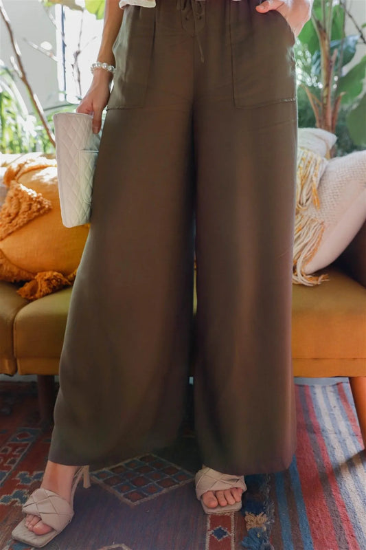 Olive Smocked Ruffle Waist Wide Leg Pants /1-2-2-1 - Tasha Apparel Wholesale