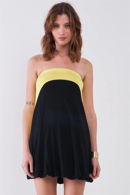 Black & Lemon Color Block Sleeveless Gathered Bottom Detail Relaxed Mini Dress-To-Skirt Convertible /1-3-1 - Tasha Apparel Wholesale