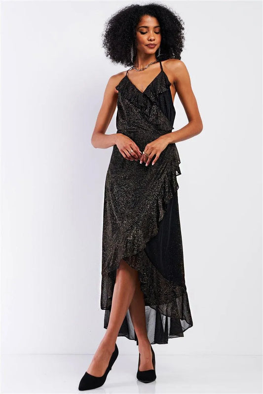 Black Gold Shiny Flounce Trim Asymmetrical Self-Tie Wrap Halter-Tie Neck Open Back Detail Midi Maxi Dress /1-2-2-1 - Tasha Apparel Wholesale