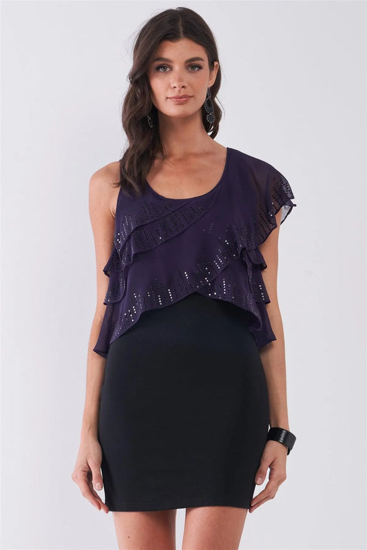Black & Purple Sleeveless One-Shoulder Feather Layered Beaded Trim Tight Mini Dress /1-1-2-1 - Tasha Apparel Wholesale
