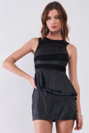 Black Vegan Leather Crew Neck Sleeveless Mesh Cut-In Detail Frill Detail Mini Dress /1-2-2-1